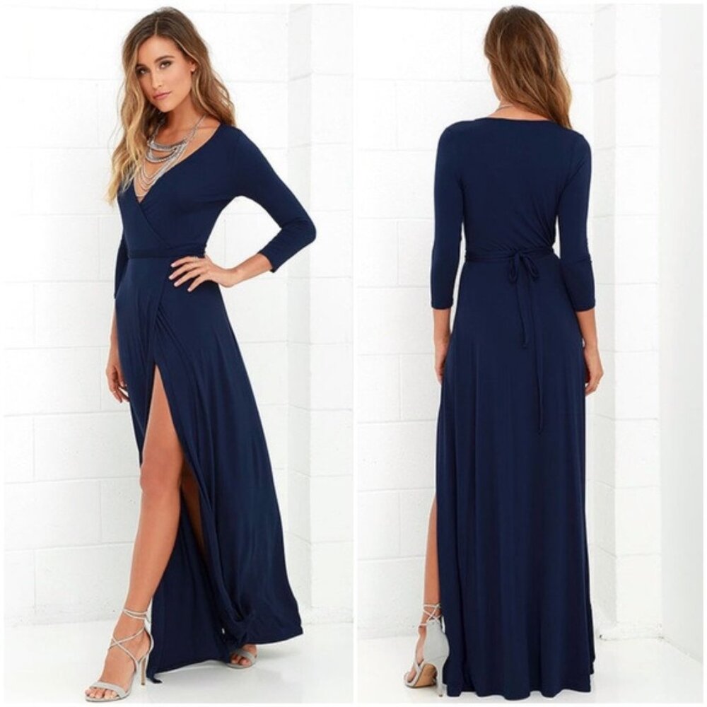 Lulus Garden District Navy Blue Wrap Maxi Dress - Size Small